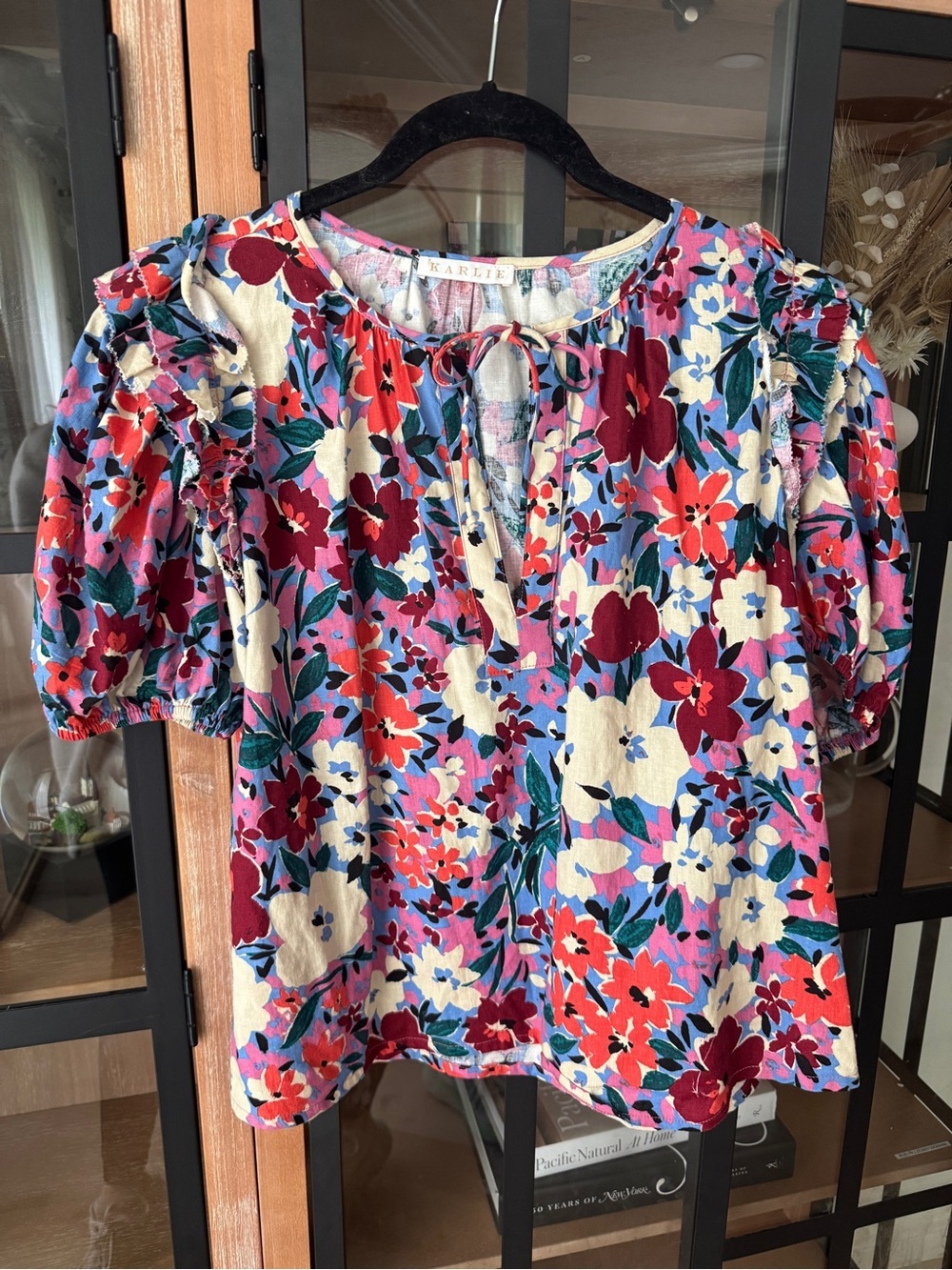 KARLIE Floral blouse puff short sleeve top colorful tie front ruffle